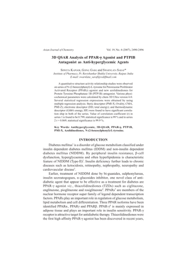 3D QSAR Analysis of PPAR-Γ Agonist and PTPIB Antagonist As Anti-Hyperglycemic Agents