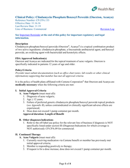 Clinical Policy: Clindamycin Phosphate/Benzoyl Peroxide (Onexton, Acanya)