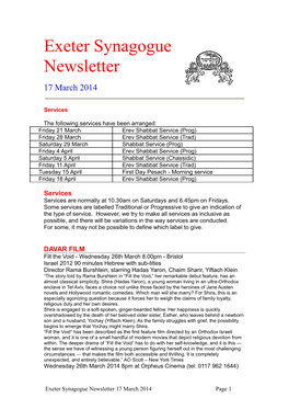 Exeter Synagogue Newsletter 17 March 2014