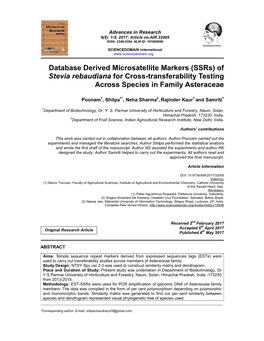 Database Derived Microsatellite Markers (Ssrs) of Stevia Rebaudiana for Cross-Transferability Testing Across Species in Family Asteraceae