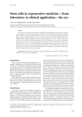 Stem Cells in Regenerative Medicine – from Laboratory to Clinical Application – the Eye