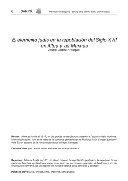 El Elemento Judío En La Repoblación Del Siglo XVII En Altea Y Las Marinas Josep Llobell Frasquet