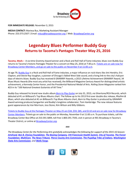 Legendary Blues Performer Buddy Guy Returns to Tacoma’S Pantages Theater May 25, 2016