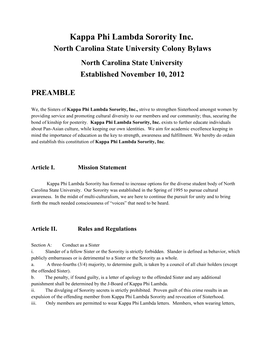 Kappa Phi Lambda Sorority Inc. North Carolina State University Colony Bylaws North Carolina State University Established November 10, 2012