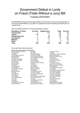 Government Defeat in Lords on Fraud (Trials Without a Jury) Bill Tuesday 20/03/2007