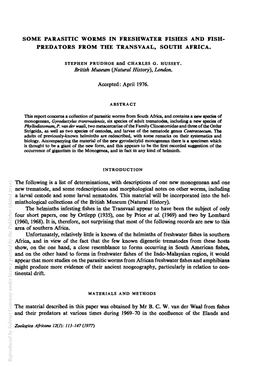 SOME PARASITIC WORMS in FRESHWATER FISHES and FISH· PREDATORS from the TRANSVAAL, SOUTH AFRICA. British Museum (Natural History
