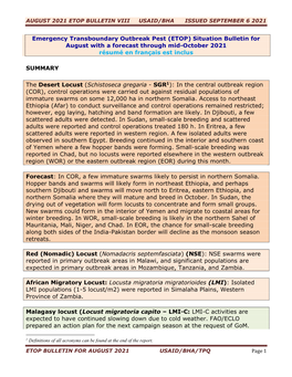 August 2021 Etop Bulletin Viii Usaid/Bha Issued September 6 2021