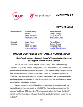 Oncor Completes Infrareit Acquisition