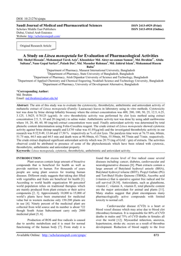 A Study on Litsea Monopetala for Evaluation of Pharmacological Activities Md