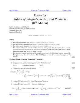 Errata for Tables of Integrals, Series, and Products (8 Edition)