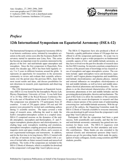 Preface 12Th International Symposium on Equatorial Aeronomy (ISEA-12)