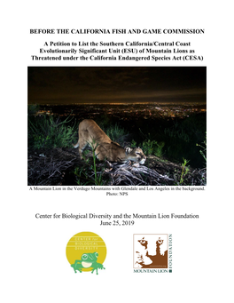 Petition to List Souther Calif. and Central Coast Mountain Lions Under CESA
