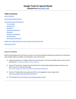 Google Tools for Special Needs (Adapted from Eric Curts’ List) ​ ​