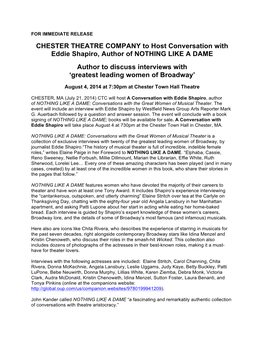 CHESTER THEATRE COMPANY to Host Conversation with Eddie Shapiro, Author of NOTHING LIKE a DAME Author to Discuss Interviews with ‘Greatest Leading Women of Broadway’