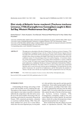 Diet Study of Atlantic Horse Mackerel (Trachurus Trachurus Linnaeus,1758) (Carangiformes Carangidae) Caught in Béni- Saf Bay, Western Mediterranean Sea (Algeria)