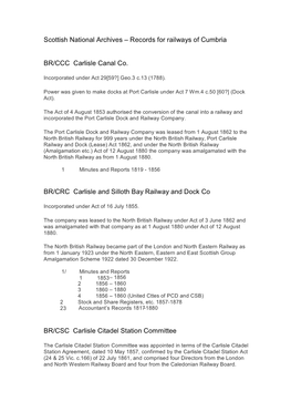 Records for Railways of Cumbria BR/CCC Carlisle Canal Co. BR/CRC Carlisle and Silloth Bay Railway