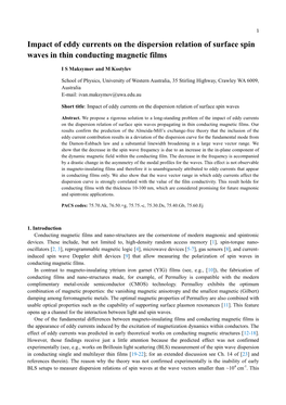 Impact of Eddy Currents on the Dispersion Relation of Surface Spin Waves in Thin Conducting Magnetic Films