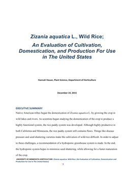 Zizania Aquatica L., Wild Rice; an Evaluation of Cultivation, Domestication, and Production for Use in the United States