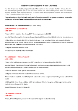 MULBARTON MEN WHO SERVED in WW1 & RETURNED Those Who Died Are Listed Below in Black, and Information on Each Is on a Separat