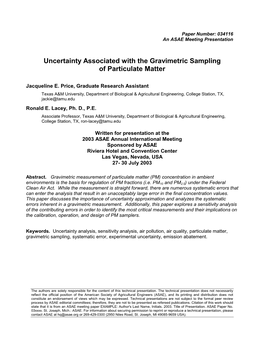 Uncertainty Associated with the Gravimetric Sampling of Particulate Matter