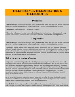 Telepresence, Teleoperation & Telerobotics