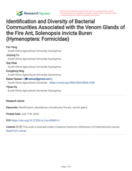 Identi Cation and Diversity of Bacterial Communities Associated with the Venom Glands of the Fire Ant, Solenopsis Invicta Buren