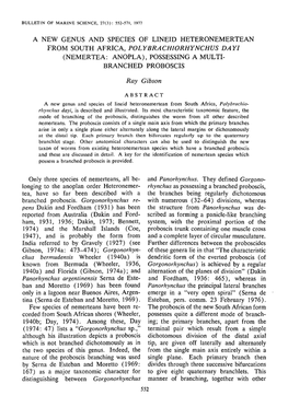 A New Genus and Species of Lineid Heteronemertean from South Africa, Polybrachiorhynchus Dayi (Nemertea: Anopla), Possessing a Multi- Branched Proboscis