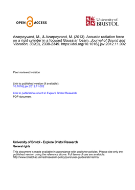 Acoustic Radiation Force on a Rigid Cylinder in a Focused Gaussian Beam. Journal of Sound and Vibration, 332(9), 2338-2349