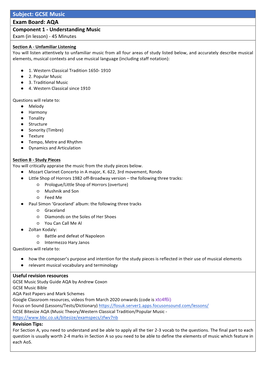 Subject: GCSE Music Exam Board: AQA Component 1 - Understanding Music Exam (In Lesson) - 45 Minutes