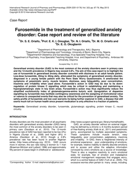 Furosemide in the Treatment of Generalized Anxiety Disorder: Case Report and Review of the Literature