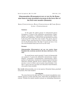 Ichneumonidae (Hymenoptera) New Or Rare for the Roma- Nian Fauna in Some Grassland Ecosystems in the Lower Flow of the Prut Water Meadow (Romania)