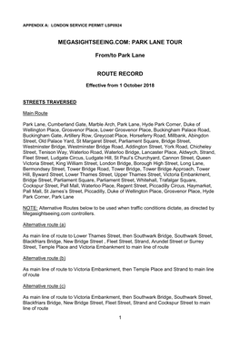 PARK LANE TOUR From/To Park Lane ROUTE RECORD