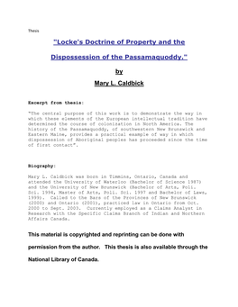 Locke's Doctrine of Property and the Disposession of the Passamaquoddy