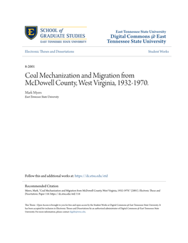 Coal Mechanization and Migration from Mcdowell County, West Virginia, 1932-1970. Mark Myers East Tennessee State University