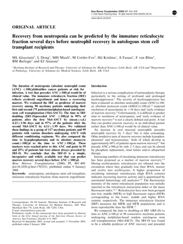 Recovery from Neutropenia Can Be Predicted by the Immature Reticulocyte Fraction Several Days Before Neutrophil Recovery in Autologous Stem Cell Transplant Recipients