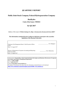 QUARTERLY REPORT Public Joint-Stock Company Federal Hydrogeneration Company Rushydro for Q2 2017