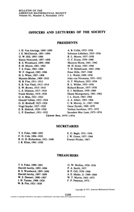 Officers and Lecturers of the Society Presidents Secretaries Treasurers