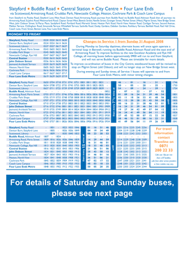For Details of Saturday and Sunday Buses, Please See Next Page SATURDAY