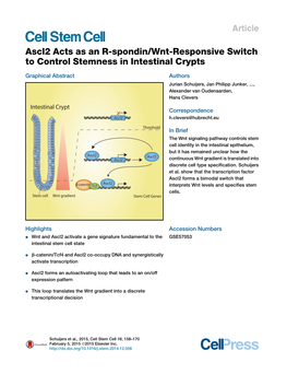 Ascl2 Acts As an R-Spondin/Wnt-Responsive Switch to Control Stemness in Intestinal Crypts