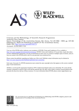 Criticism and the Methodology of Scientific Research Programmes Author(S): Imre Lakatos Source: Proceedings of the Aristotelian Society, New Series, Vol