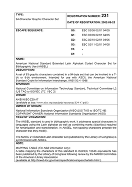 TYPE: 94-Character Graphic Character Set REGISTRATION