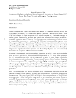 Conference of the Parties to the United Nations Framework Convention on Climate Change (COP) Topic: the Role of Youth in Achieving the Paris Agreement