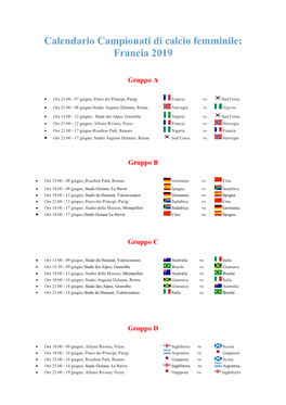 Calendario Campionati Di Calcio Femminile: Francia 2019