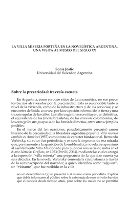 Pdf La Villa Miseria Porteña En La Novelística Argentina. Una Visita Al Museo Del Siglo XX