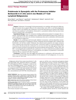 Pralatrexate Is Synergistic with the Proteasome Inhibitor Bortezomib in in Vitro and in Vivo Models of T-Cell Lymphoid Malignancies