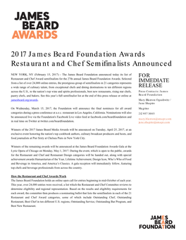 2017 James Beard Foundation Awards Restaurant and Chef Semifinalists Announced