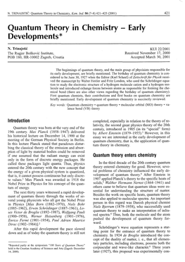 Quantum Theory Developments* 1N Chemistry