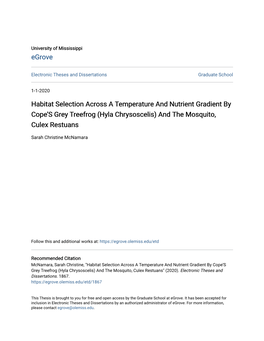 Habitat Selection Across a Temperature and Nutrient Gradient by Cope’S Grey Treefrog (Hyla Chrysoscelis) and the Mosquito, Culex Restuans