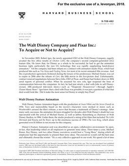 The Walt Disney Company and Pixar Inc.: to Acquire Or Not to Acquire?