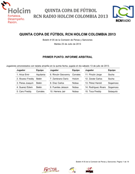 QUINTA COPA DE FÚTBOL RCN HOLCIM COLOMBIA 2013 Boletín # 05 De La Comisión De Penas Y Sanciones Martes 23 De Julio De 2013